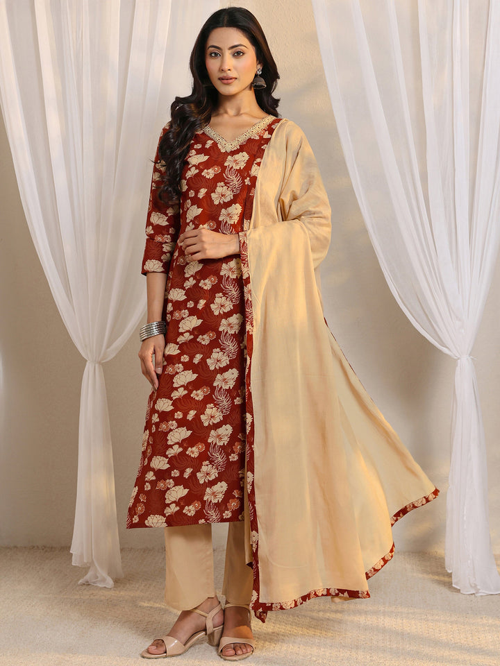 Rust Floral Printed Cotton Straight Suit Set With Dupatta