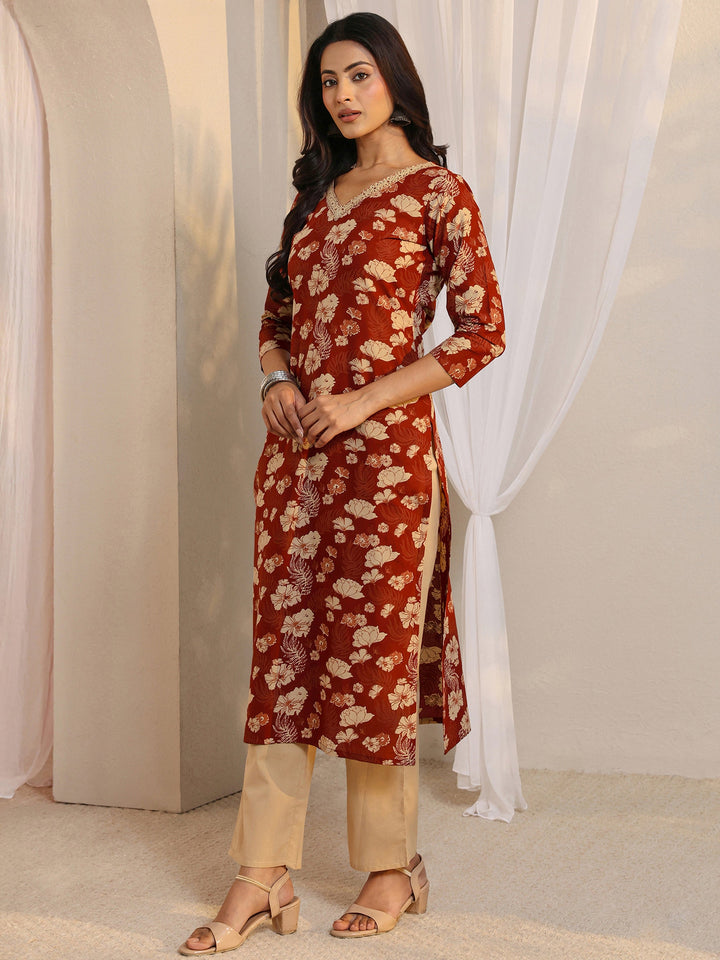 Rust Floral Printed Cotton Straight Suit Set With Dupatta