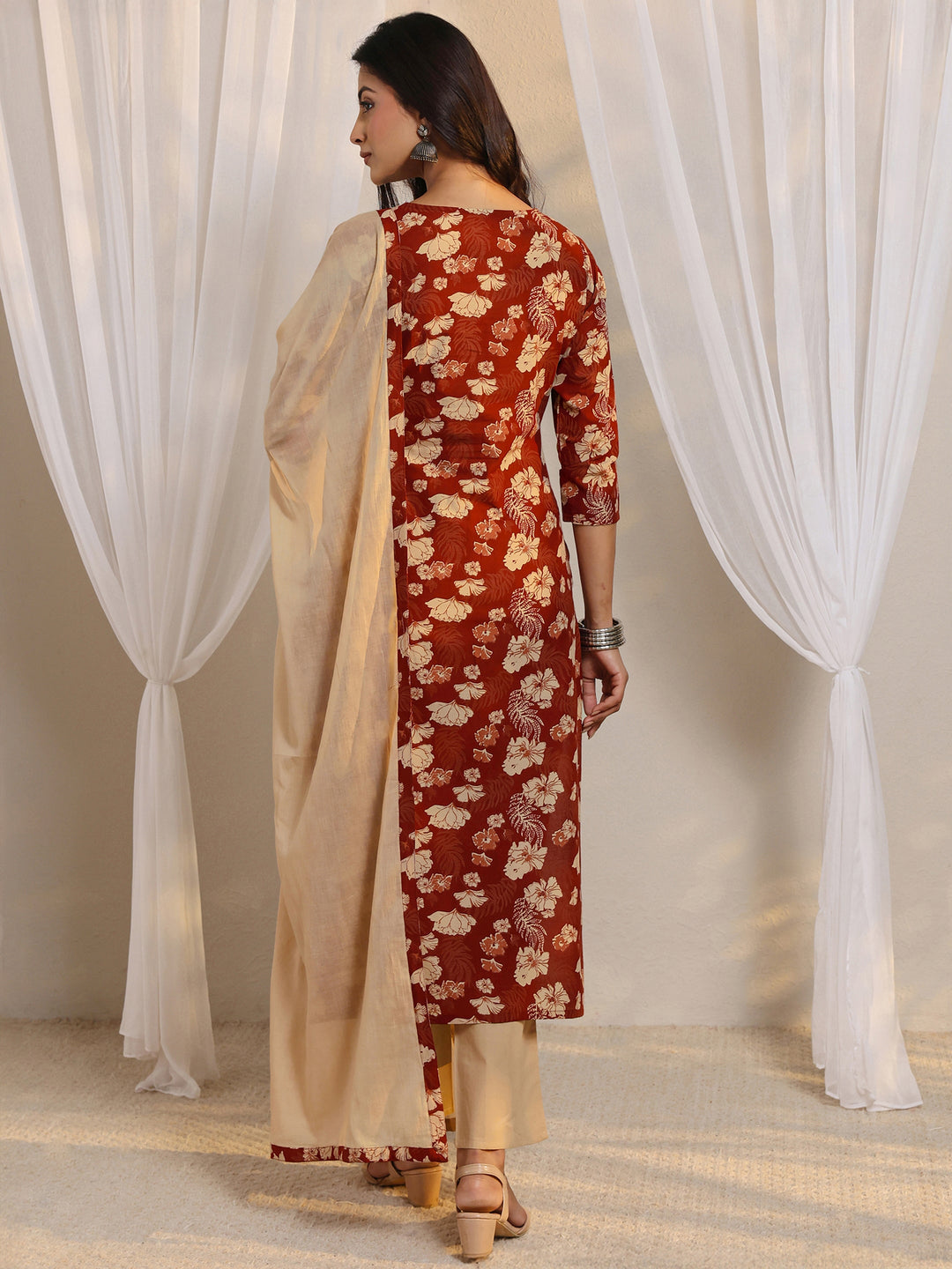 Rust Floral Printed Cotton Straight Suit Set With Dupatta