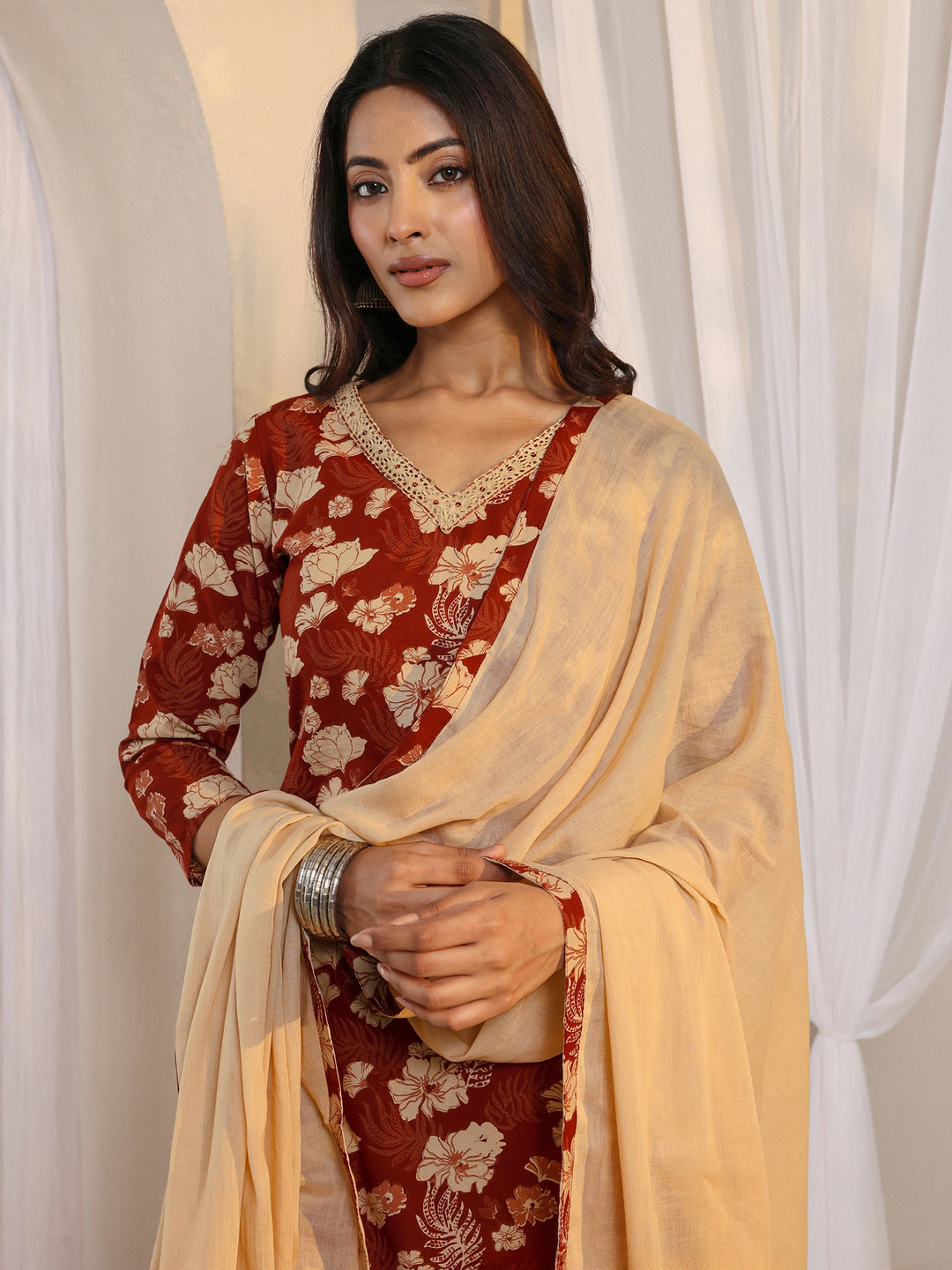 Rust Floral Printed Cotton Straight Suit Set With Dupatta