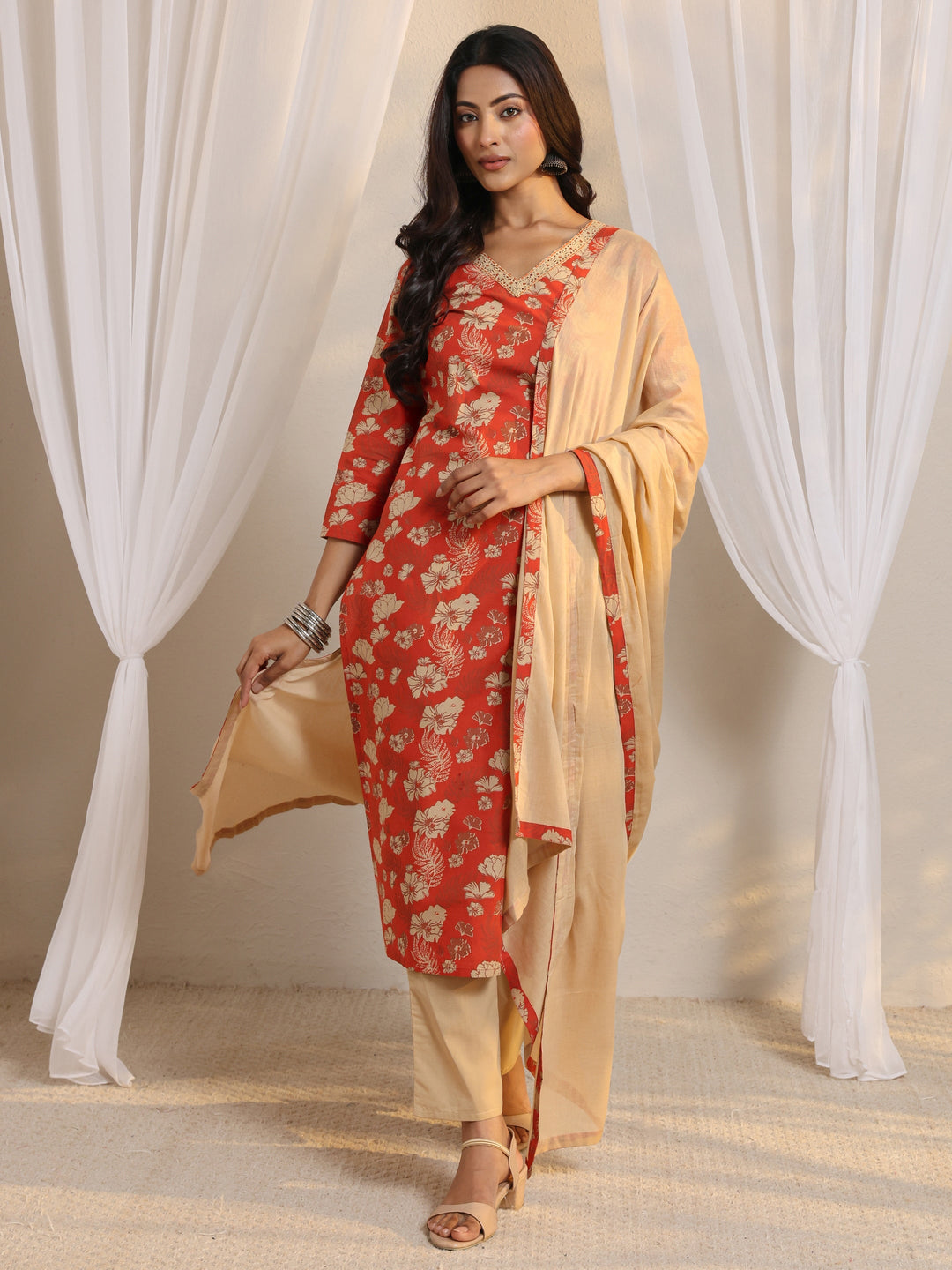 Orange Floral Printed Cotton Straight Suit Set With Dupatta