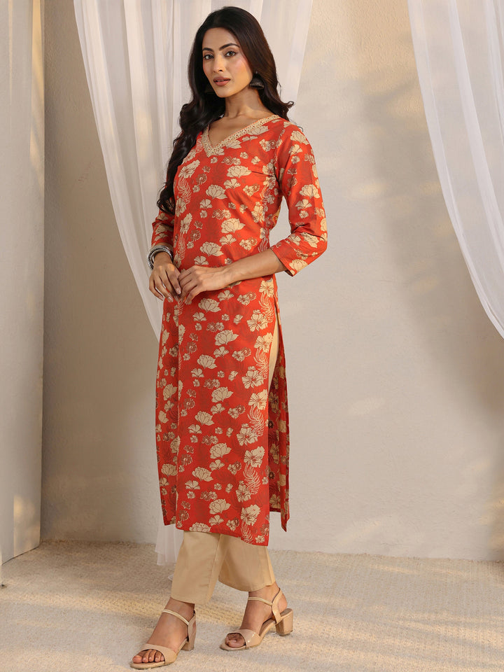 Orange Floral Printed Cotton Straight Suit Set With Dupatta