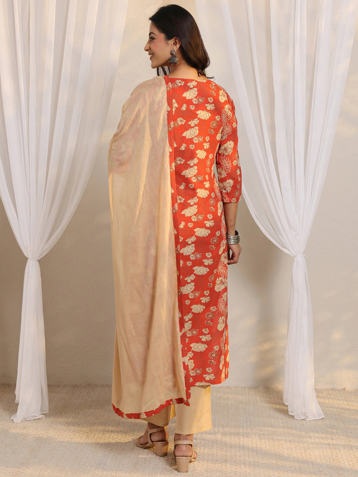 Orange Floral Printed Cotton Straight Suit Set With Dupatta