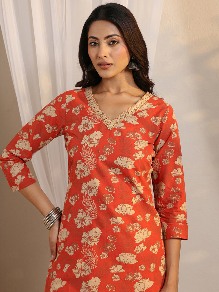 Orange Floral Printed Cotton Straight Suit Set With Dupatta