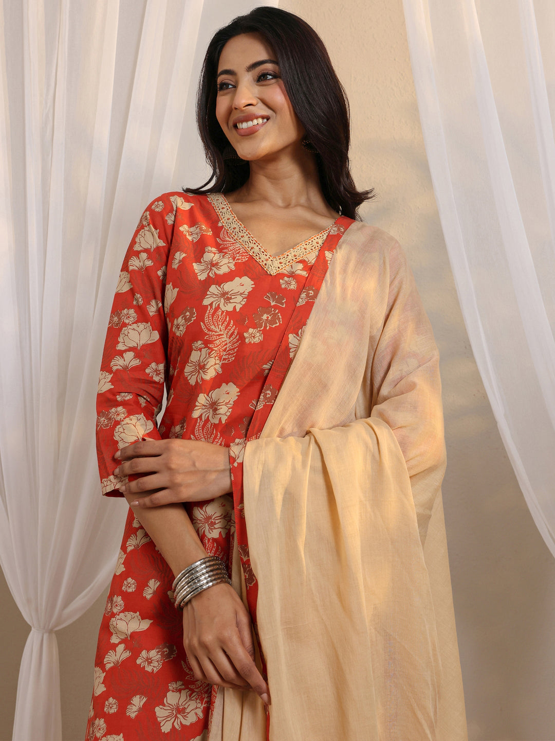 Orange Floral Printed Cotton Straight Suit Set With Dupatta