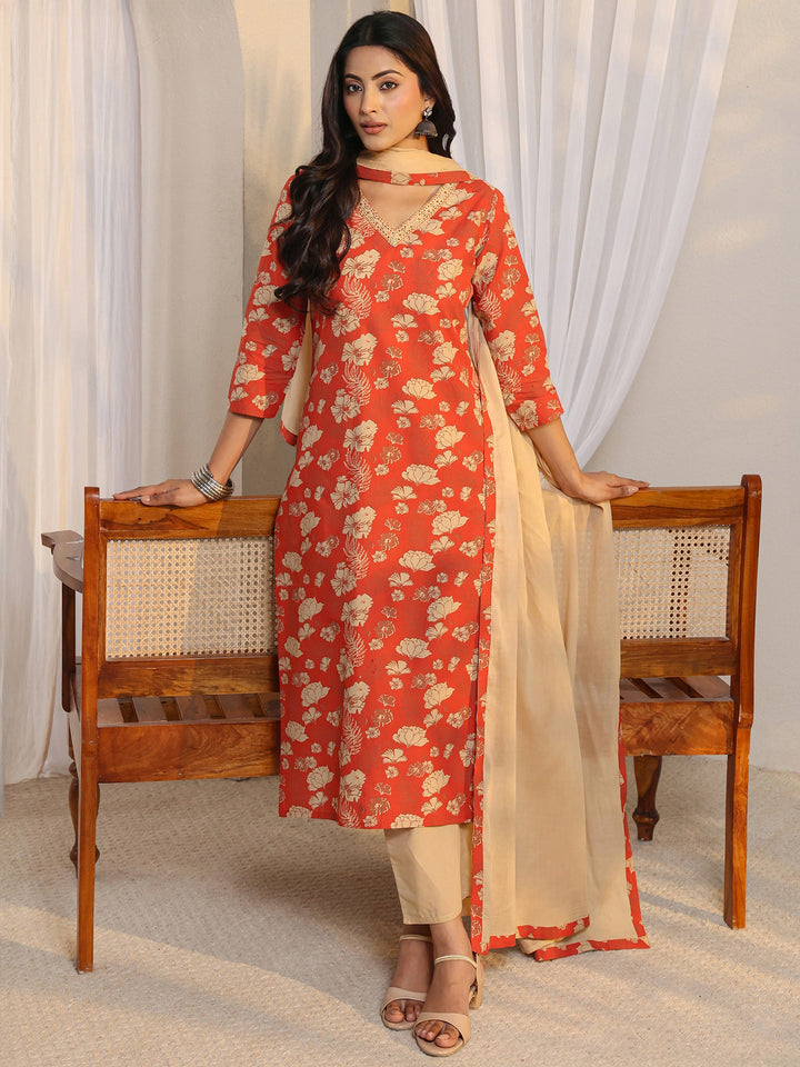 Orange Floral Printed Cotton Straight Suit Set With Dupatta