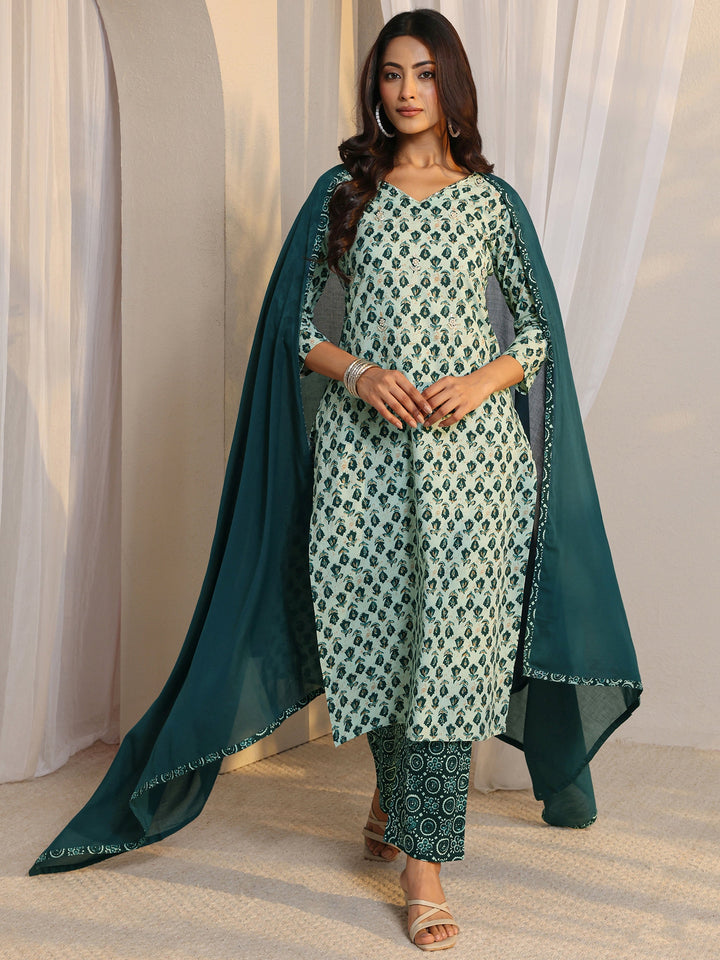 Teal Floral Printed Cotton Straight Suit Set With Dupatta