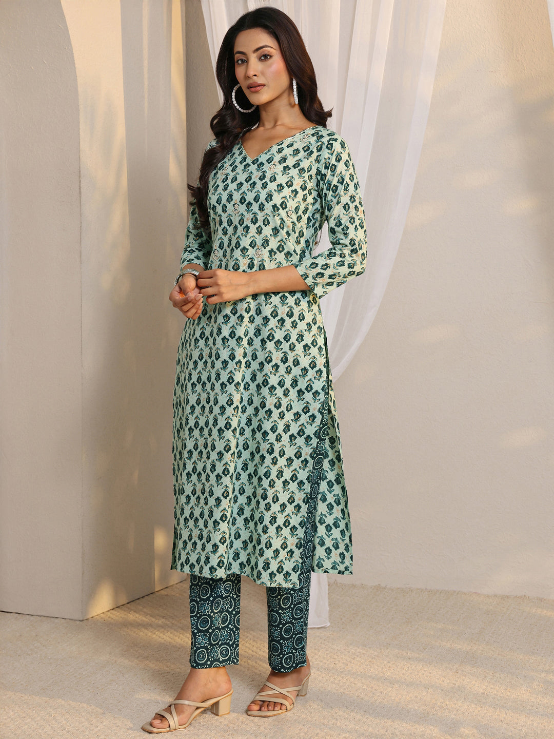 Teal Floral Printed Cotton Straight Suit Set With Dupatta