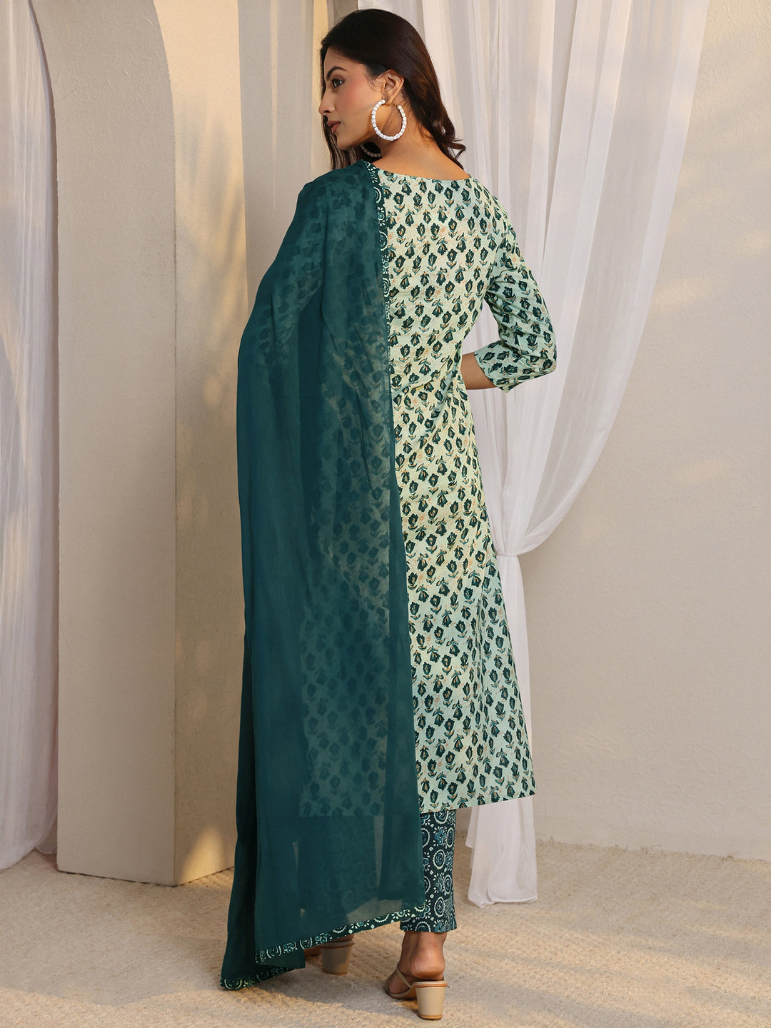 Teal Floral Printed Cotton Straight Suit Set With Dupatta