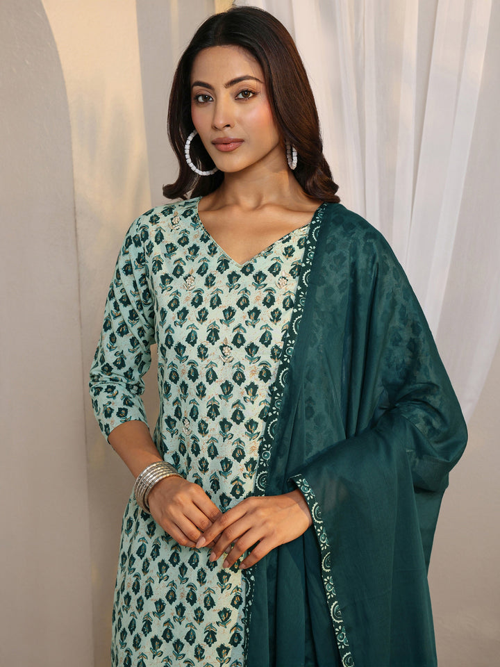 Teal Floral Printed Cotton Straight Suit Set With Dupatta