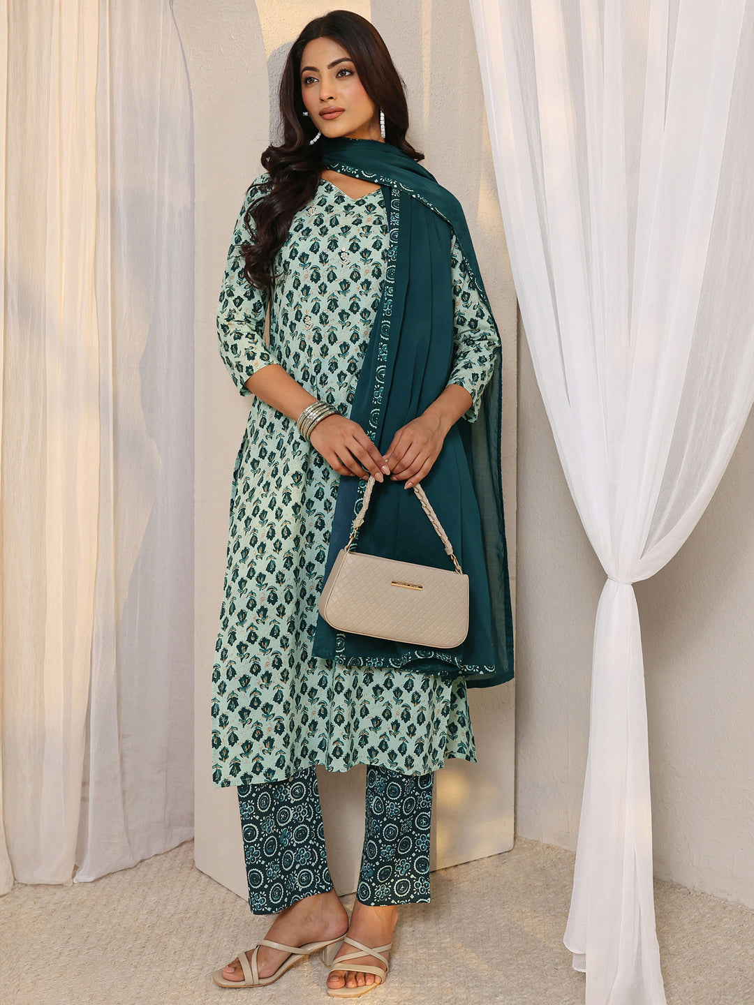 Teal Floral Printed Cotton Straight Suit Set With Dupatta