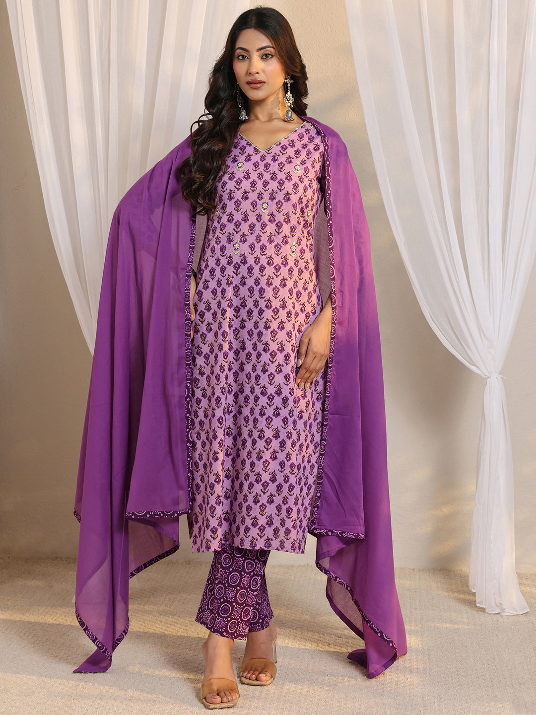 Purple Floral Printed Cotton Straight Suit Set With Dupatta