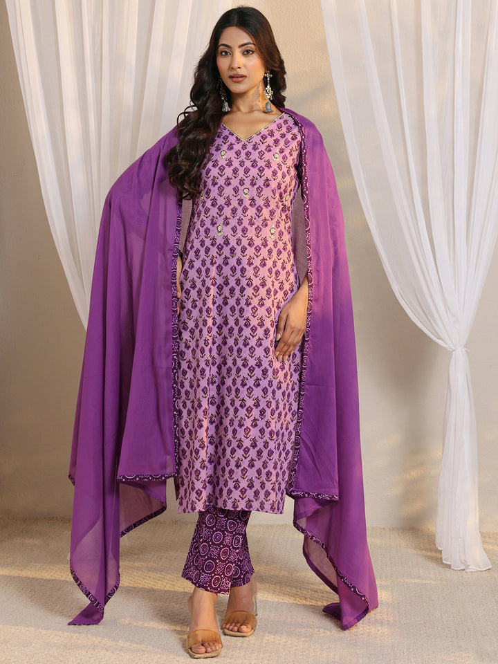 Purple Floral Printed Cotton Straight Suit Set With Dupatta