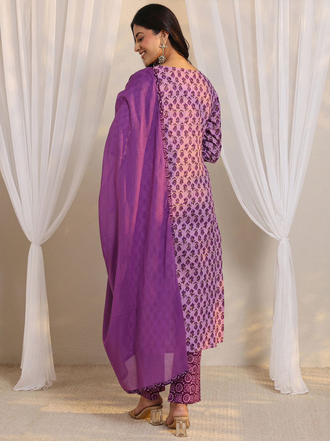 Purple Floral Printed Cotton Straight Suit Set With Dupatta