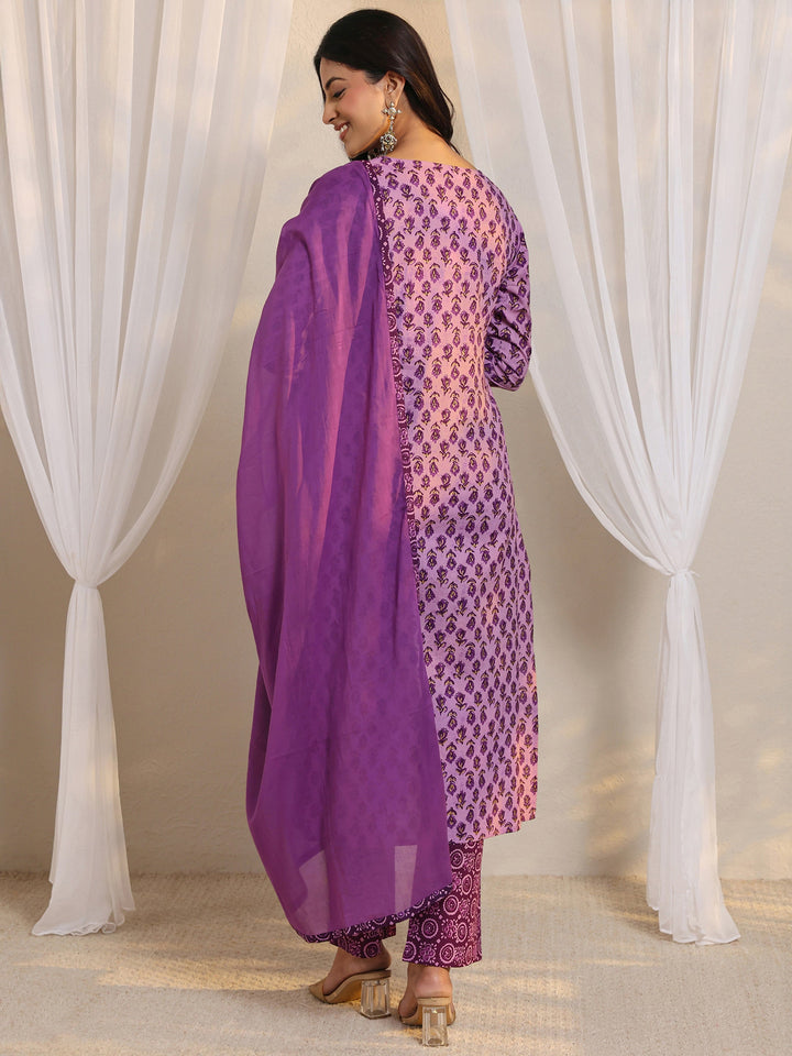 Purple Floral Printed Cotton Straight Suit Set With Dupatta