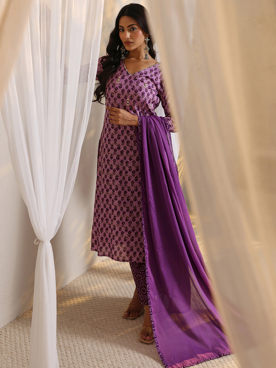 Purple Floral Printed Cotton Straight Suit Set With Dupatta