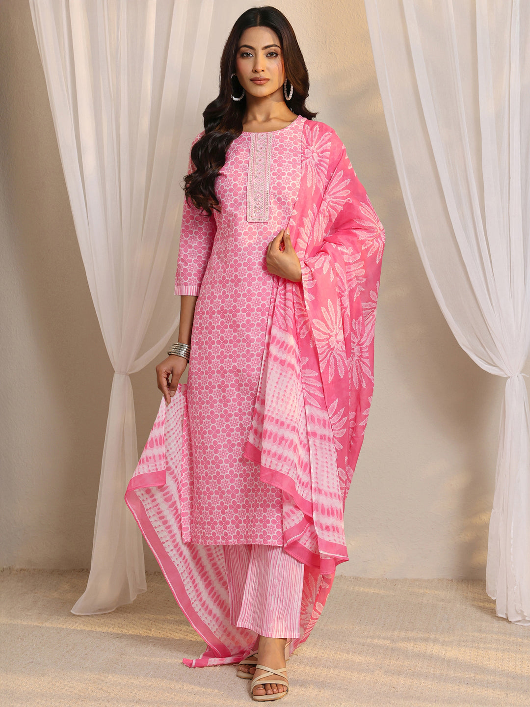 Pink Floral Printed Cotton Straight Suit Set With Dupatta