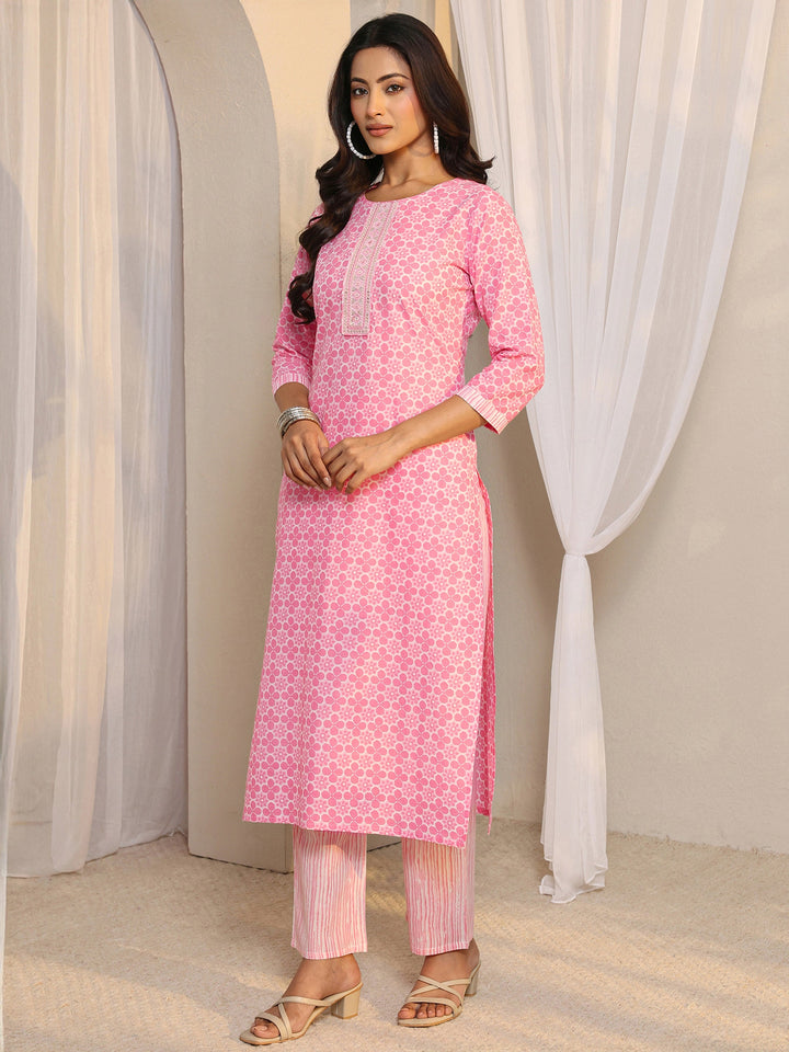 Pink Floral Printed Cotton Straight Suit Set With Dupatta