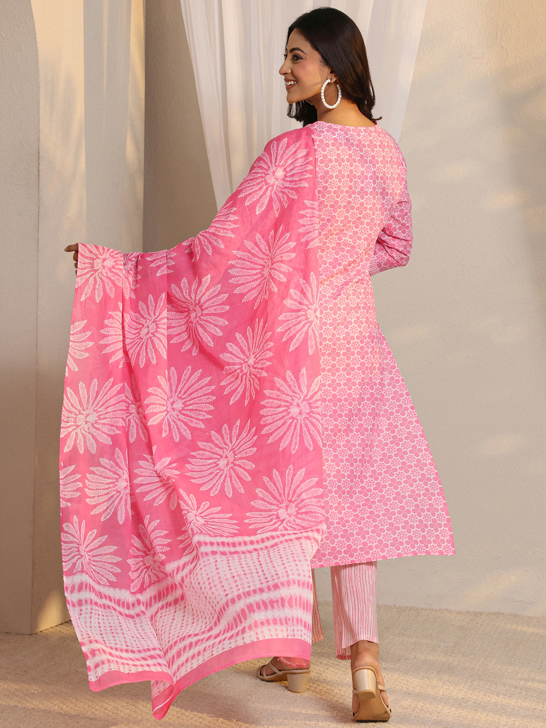 Pink Floral Printed Cotton Straight Suit Set With Dupatta