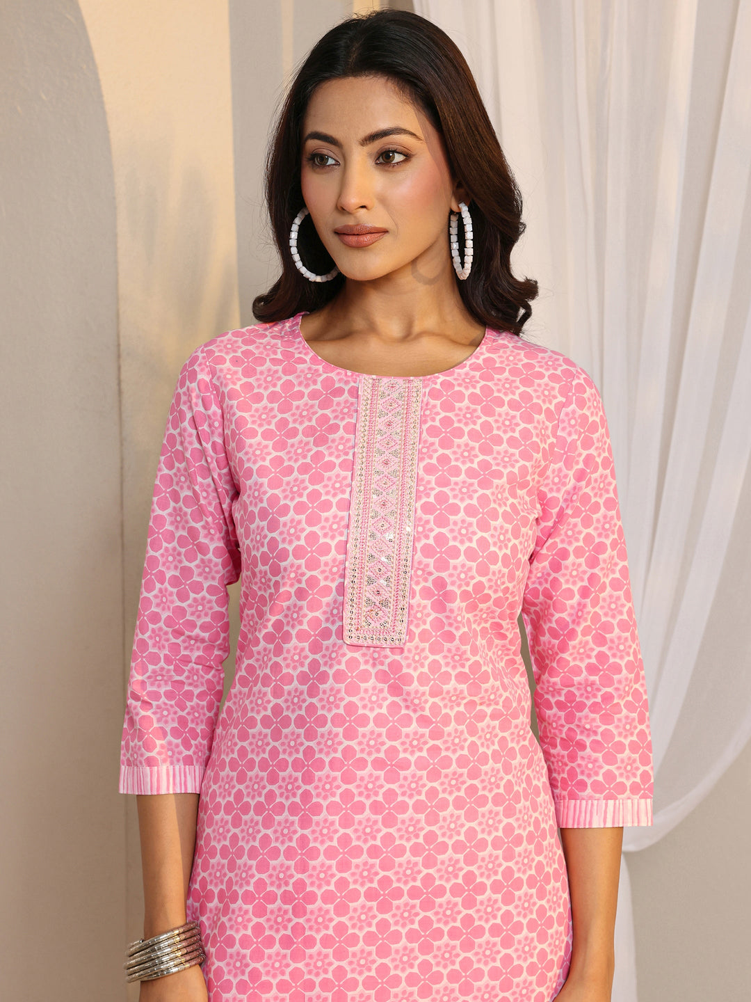 Pink Floral Printed Cotton Straight Suit Set With Dupatta