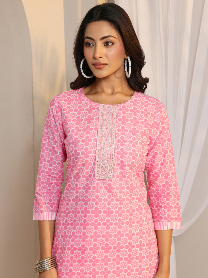 Pink Floral Printed Cotton Straight Suit Set With Dupatta