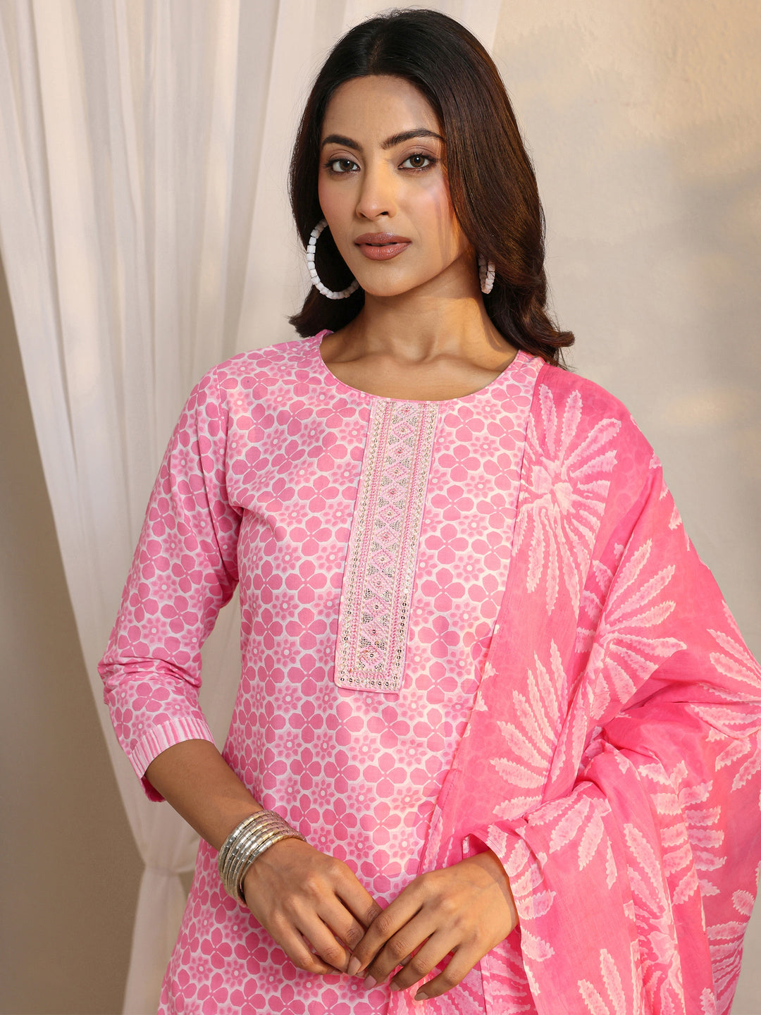 Pink Floral Printed Cotton Straight Suit Set With Dupatta