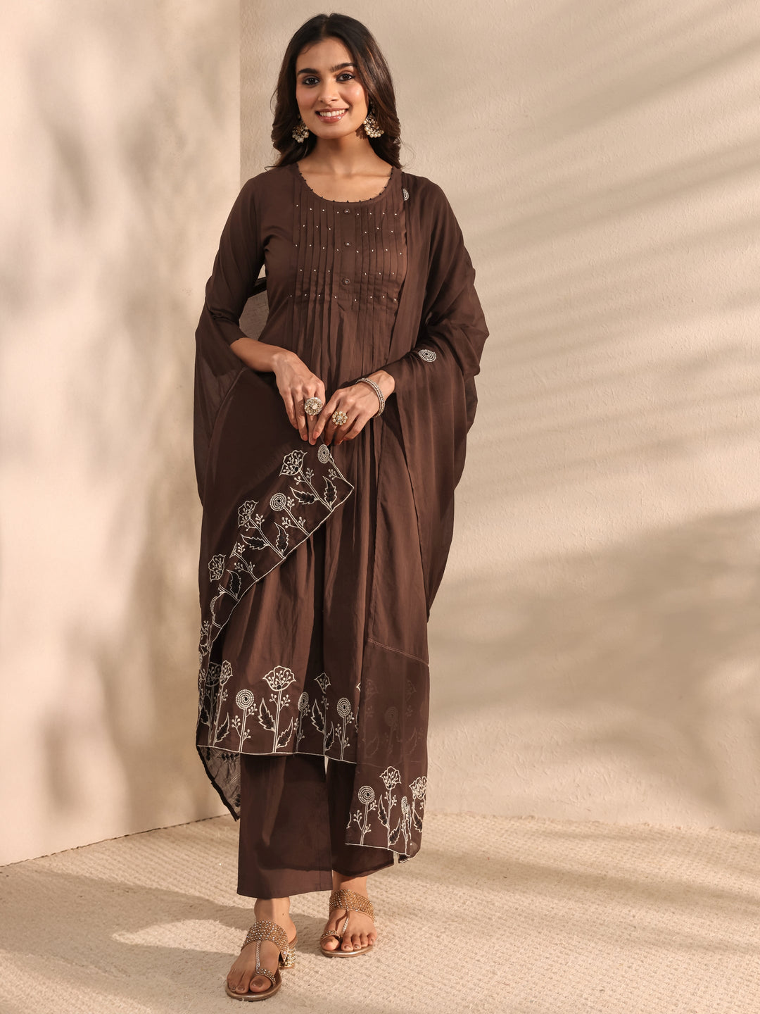 Brown Embroidered Cotton A-Line Suit Set With Dupatta
