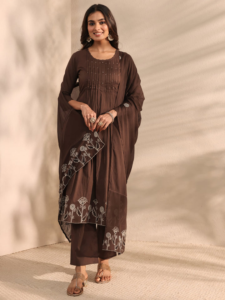 Brown Embroidered Cotton A-Line Suit Set With Dupatta