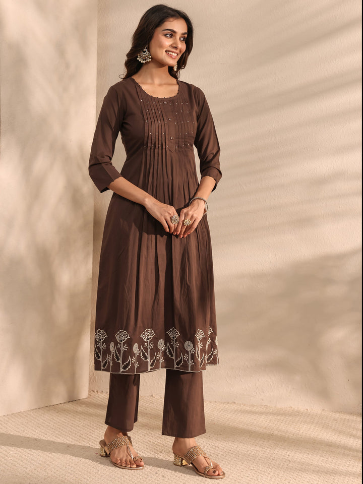 Brown Embroidered Cotton A-Line Suit Set With Dupatta