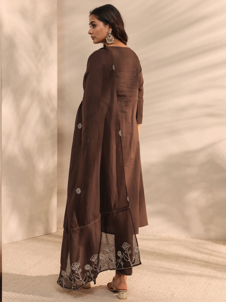 Brown Embroidered Cotton A-Line Suit Set With Dupatta
