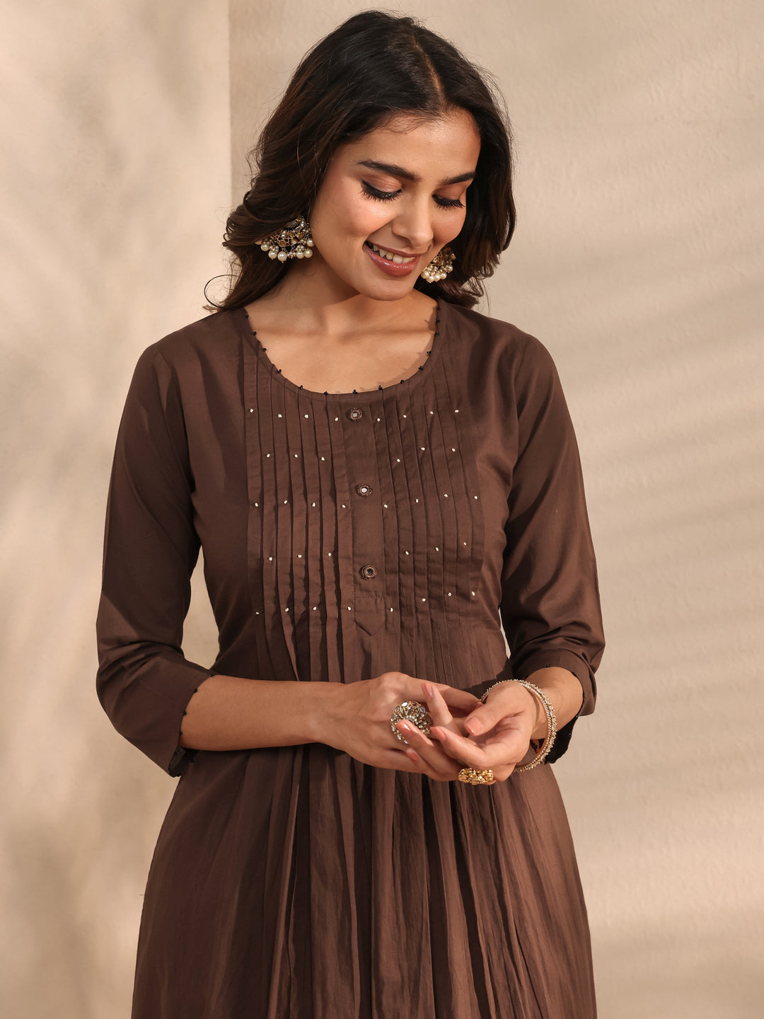 Brown Embroidered Cotton A-Line Suit Set With Dupatta