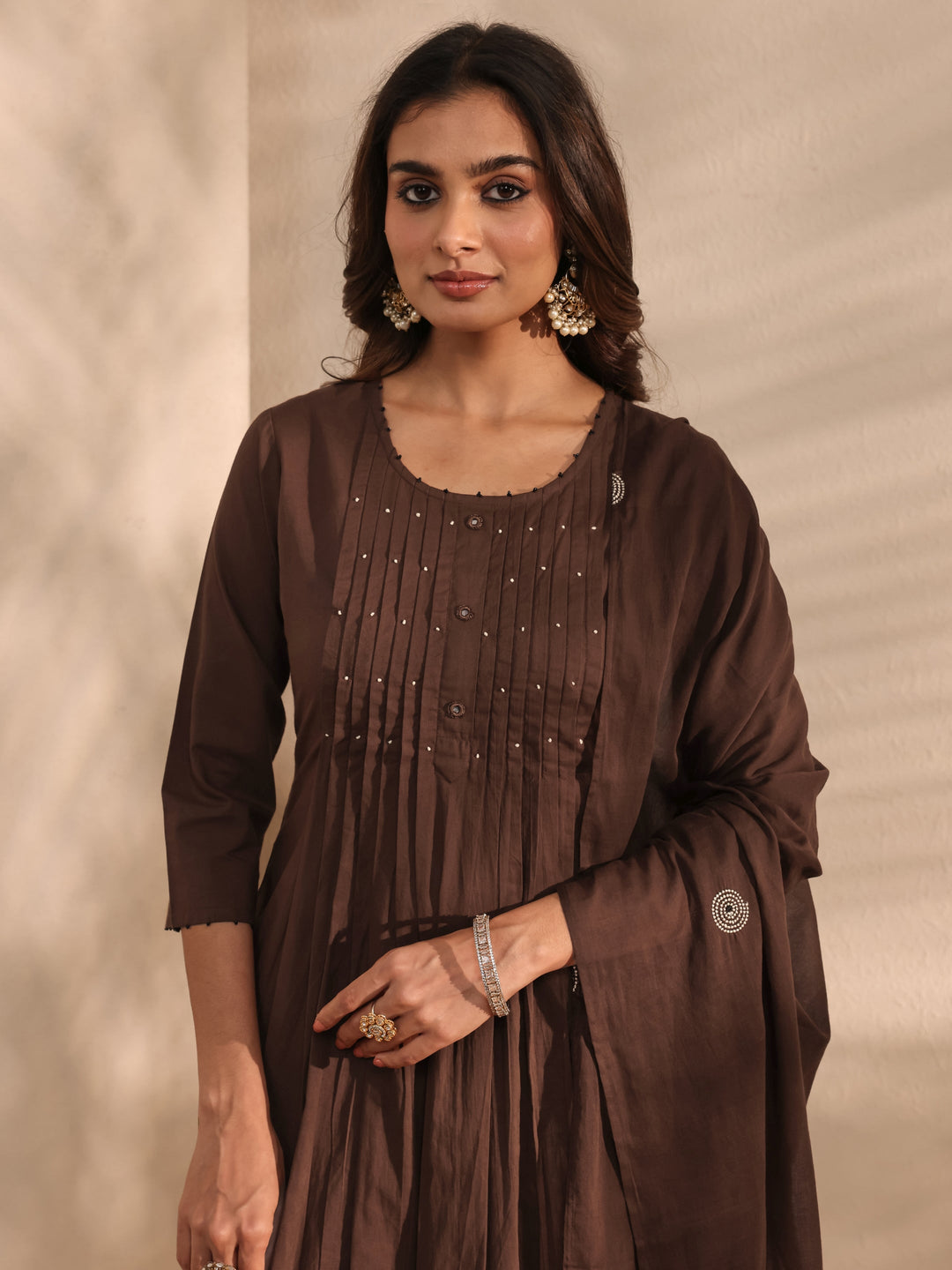 Brown Embroidered Cotton A-Line Suit Set With Dupatta