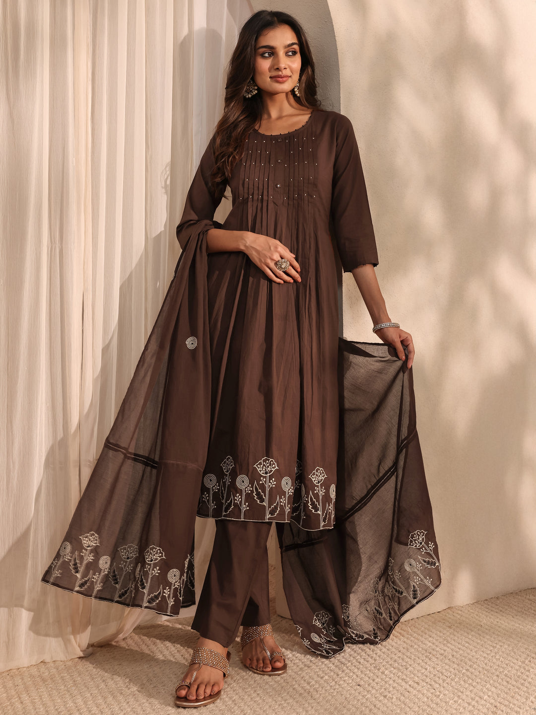 Brown Embroidered Cotton A-Line Suit Set With Dupatta