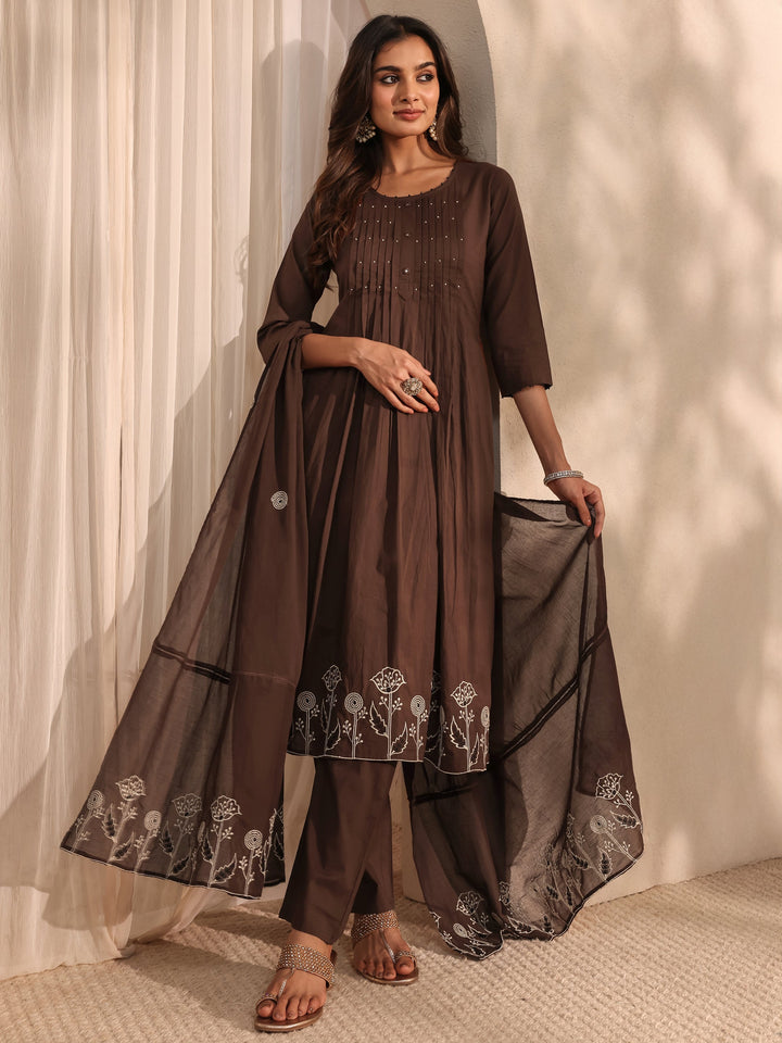 Brown Embroidered Cotton A-Line Suit Set With Dupatta