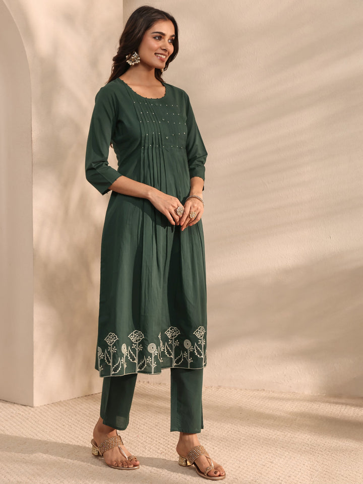Green Solid Embroidered Cotton A-Line Suit Set With Dupatta