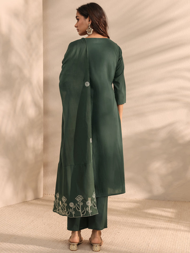 Green Solid Embroidered Cotton A-Line Suit Set With Dupatta