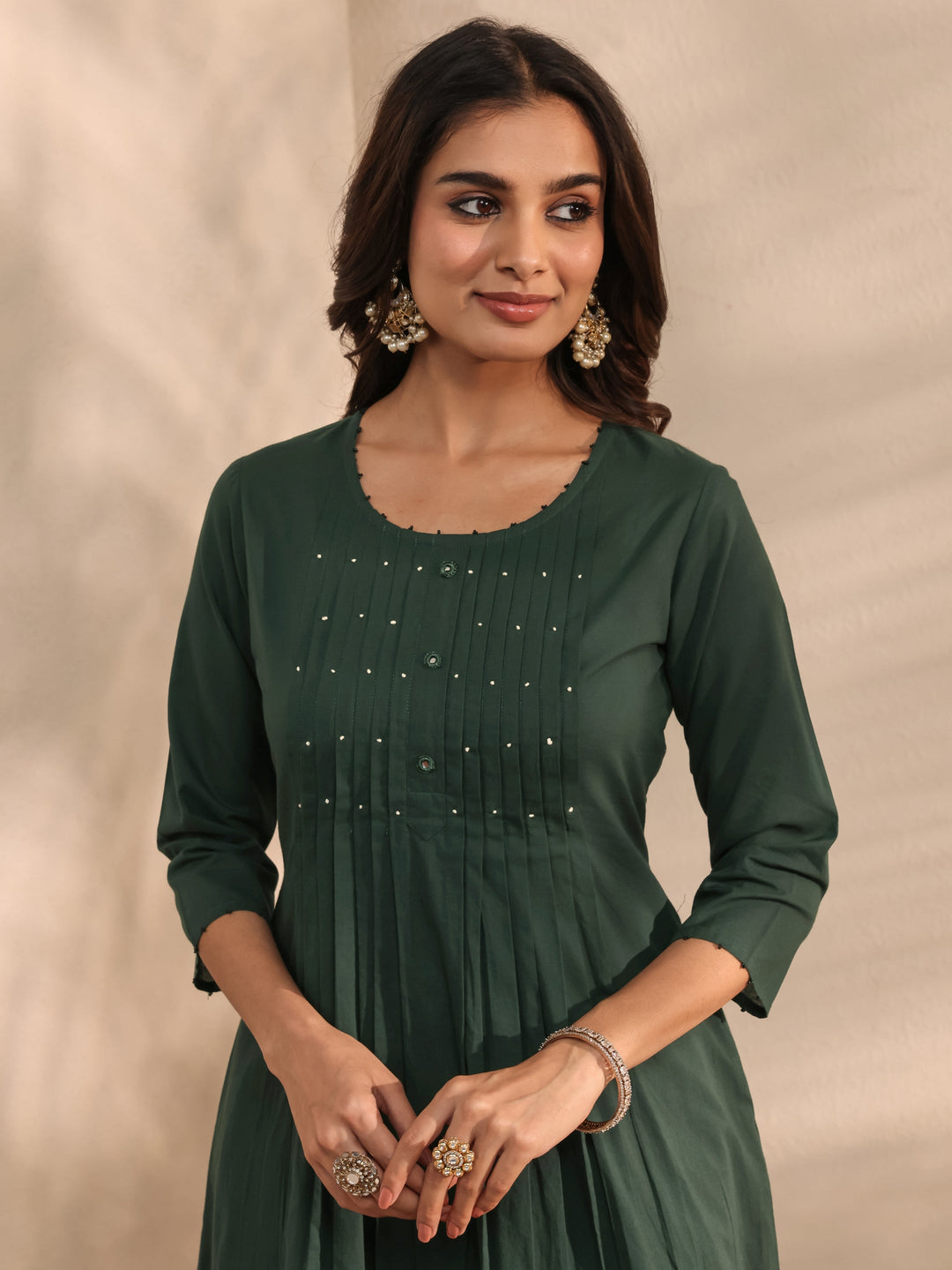 Green Solid Embroidered Cotton A-Line Suit Set With Dupatta