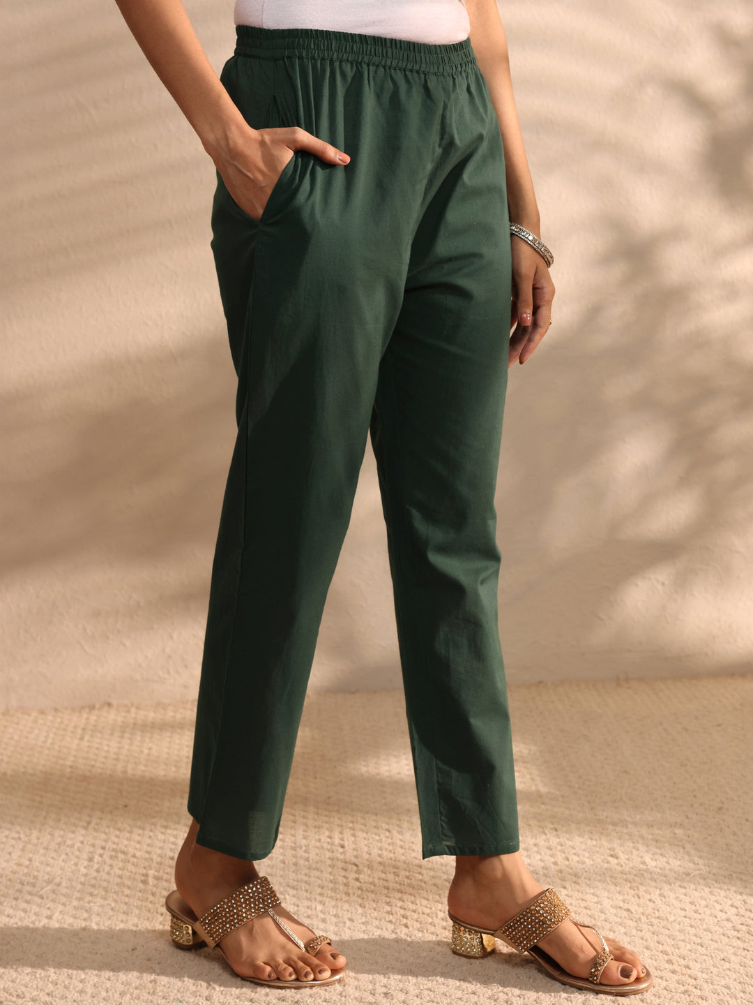 Green Solid Embroidered Cotton A-Line Suit Set With Dupatta