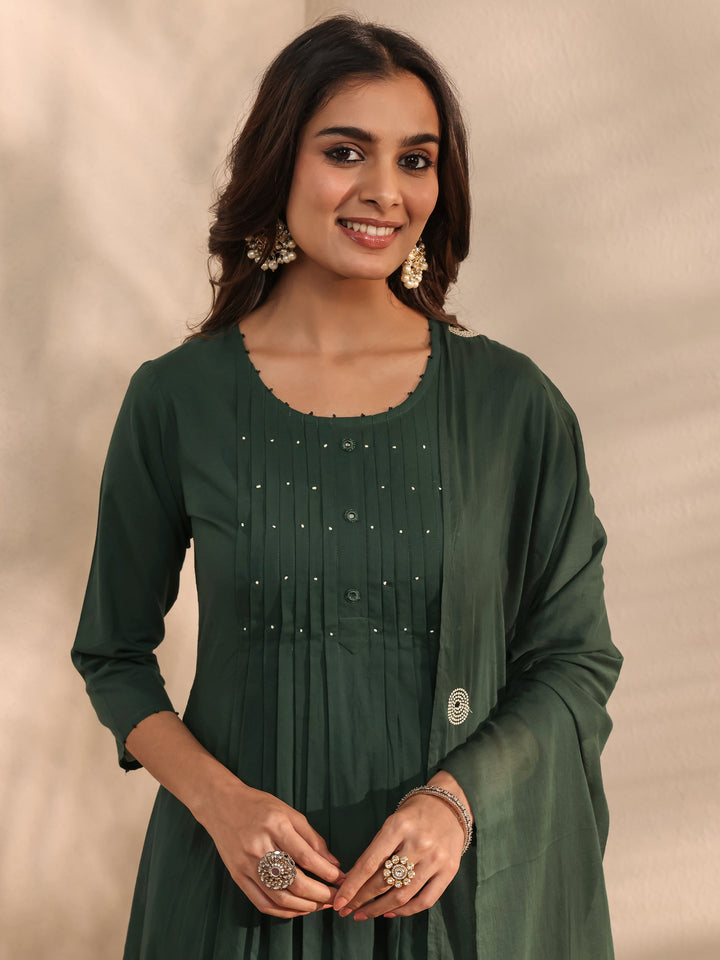 Green Solid Embroidered Cotton A-Line Suit Set With Dupatta