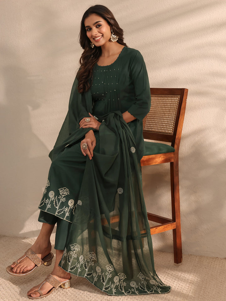 Green Solid Embroidered Cotton A-Line Suit Set With Dupatta
