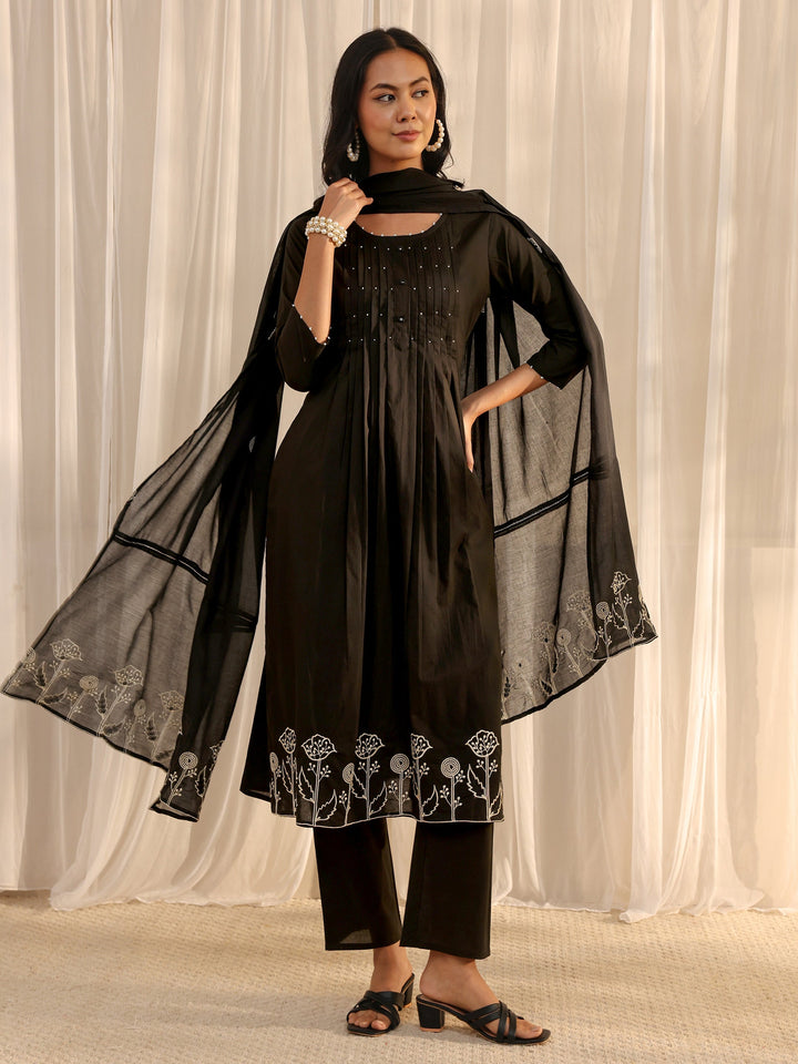 Black Solid Cotton A-Line Suit Set With Dupatta