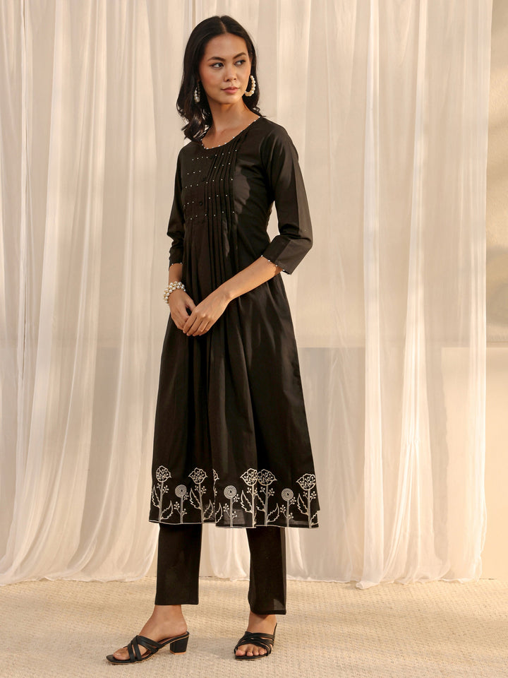 Black Solid Cotton A-Line Suit Set With Dupatta