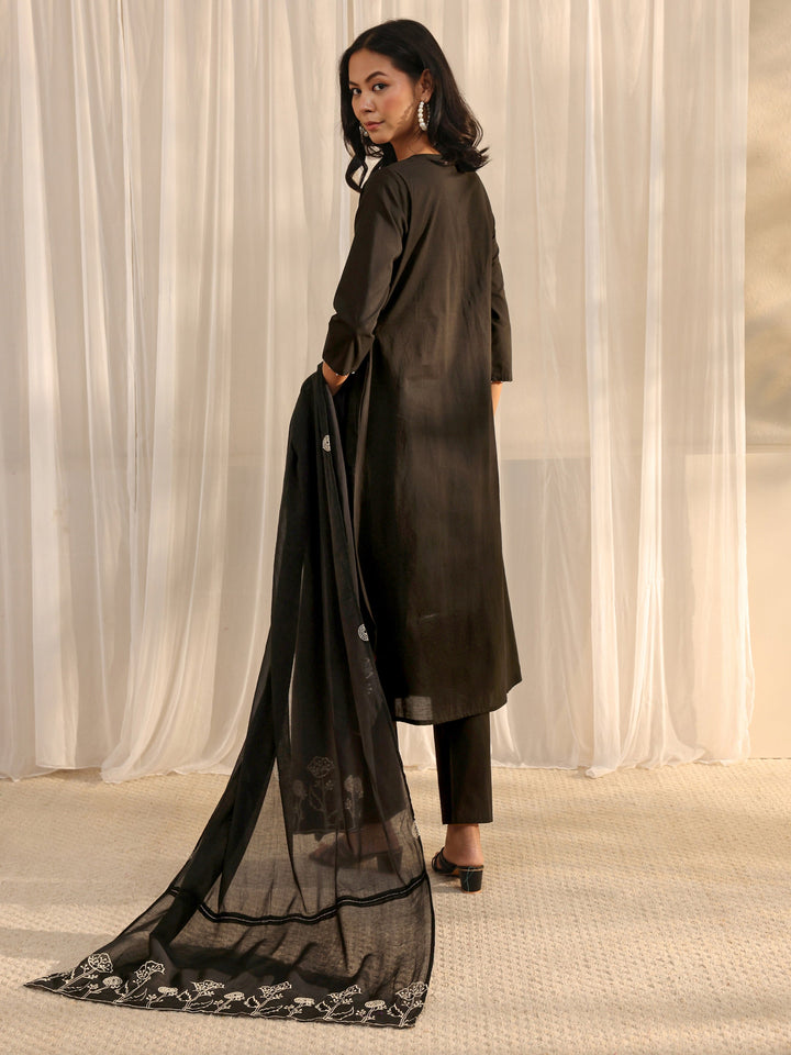 Black Solid Cotton A-Line Suit Set With Dupatta