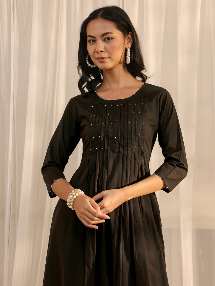 Black Solid Cotton A-Line Suit Set With Dupatta