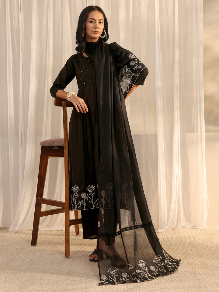Black Solid Cotton A-Line Suit Set With Dupatta