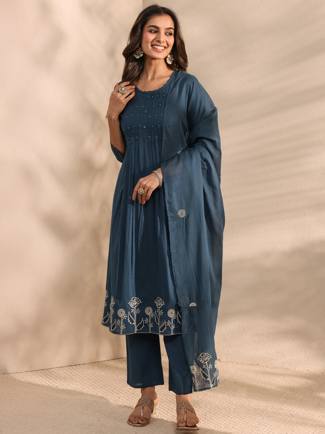 Teal Solid Embroidered Cotton A-Line Suit Set With Dupatta