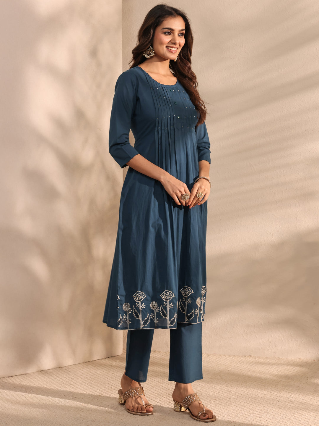 Teal Solid Embroidered Cotton A-Line Suit Set With Dupatta