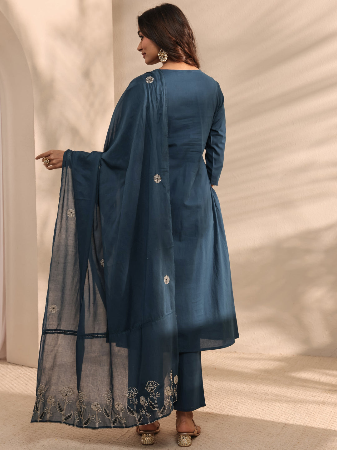 Teal Solid Embroidered Cotton A-Line Suit Set With Dupatta