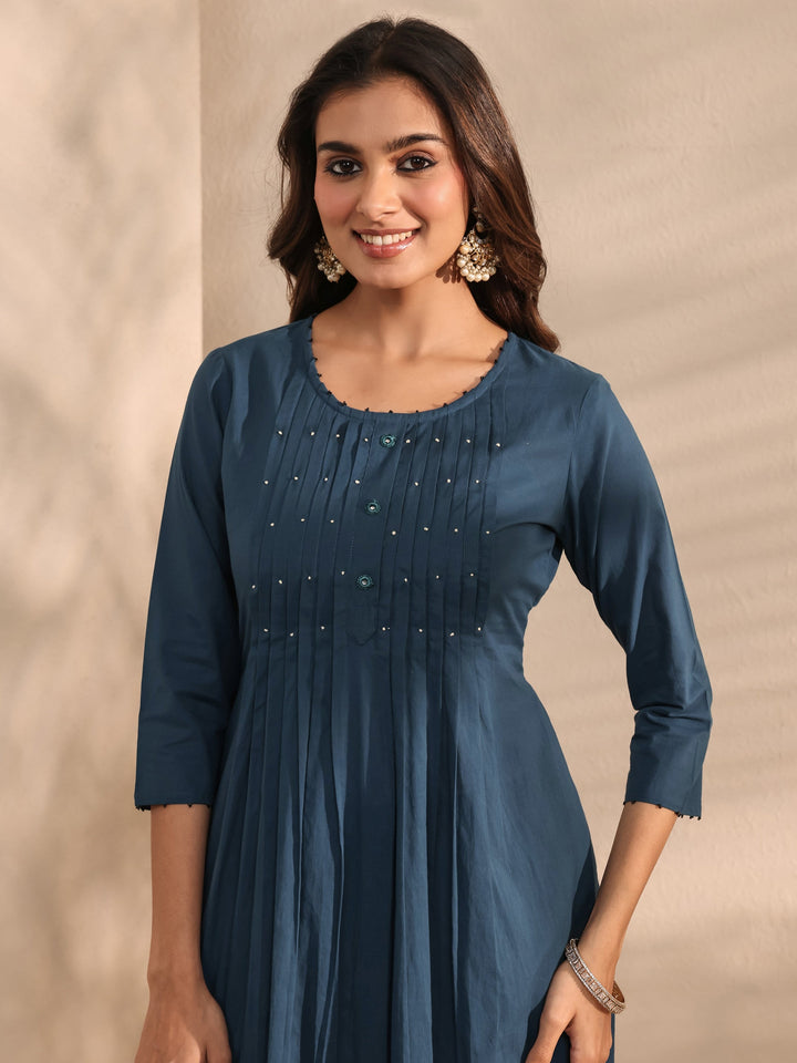 Teal Solid Embroidered Cotton A-Line Suit Set With Dupatta