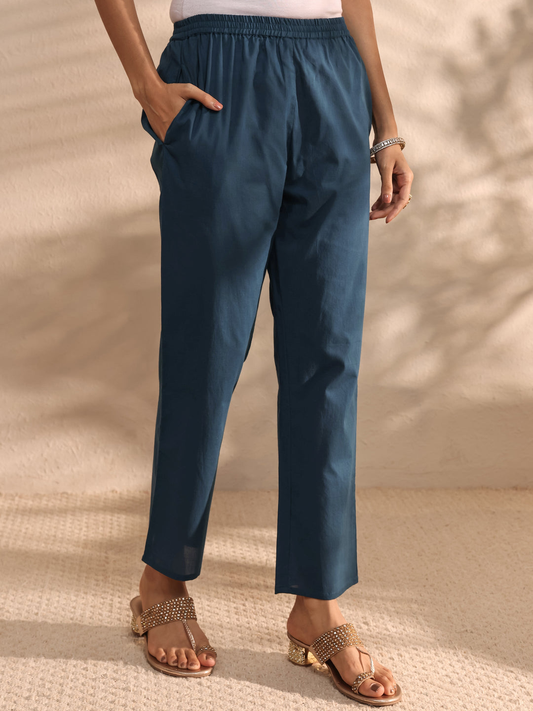 Teal Solid Embroidered Cotton A-Line Suit Set With Dupatta